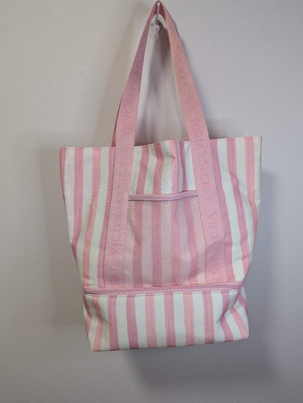 Rare Victoria Secret Pink and White Striped Canvas Tote/ Beach Bag